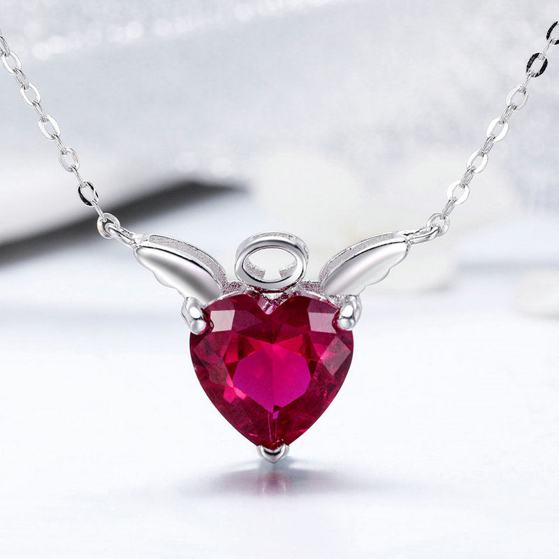 Angel Red Heart Necklace in 925 Sterling Silver - Aspect Jewellery