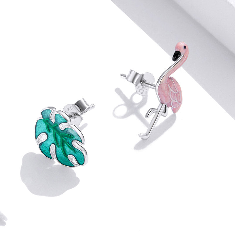 Asymmetric Flamingo Summer Earrings in 925 Sterling Silver - Aspect Jewellery