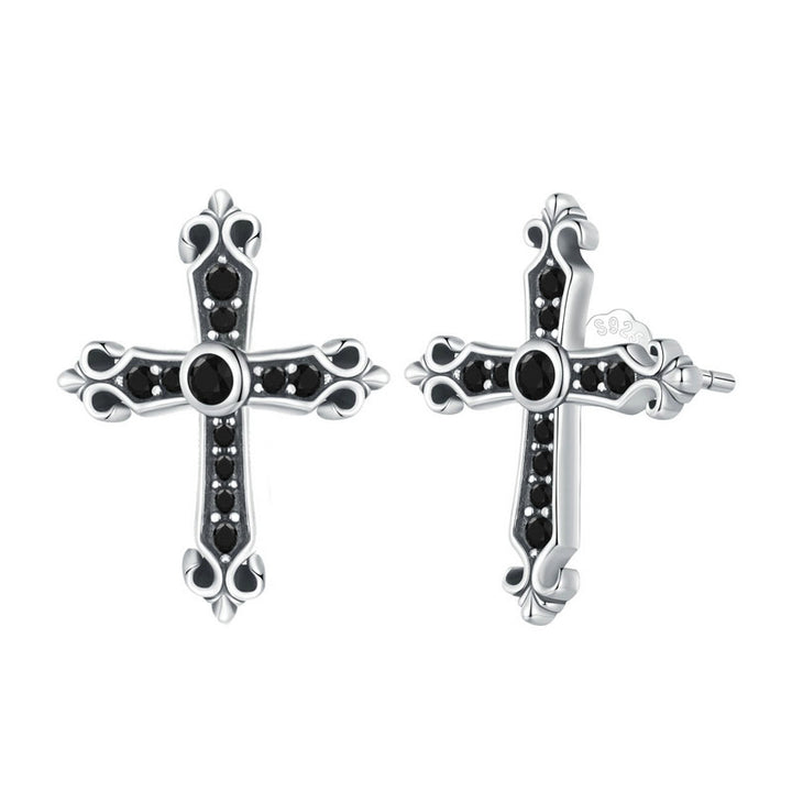 Black Cross Stud Earrings in 925 Sterling Silver - Aspect Jewellery