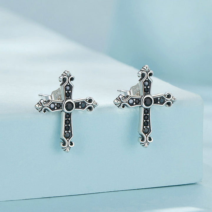 Black Cross Stud Earrings in 925 Sterling Silver - Aspect Jewellery