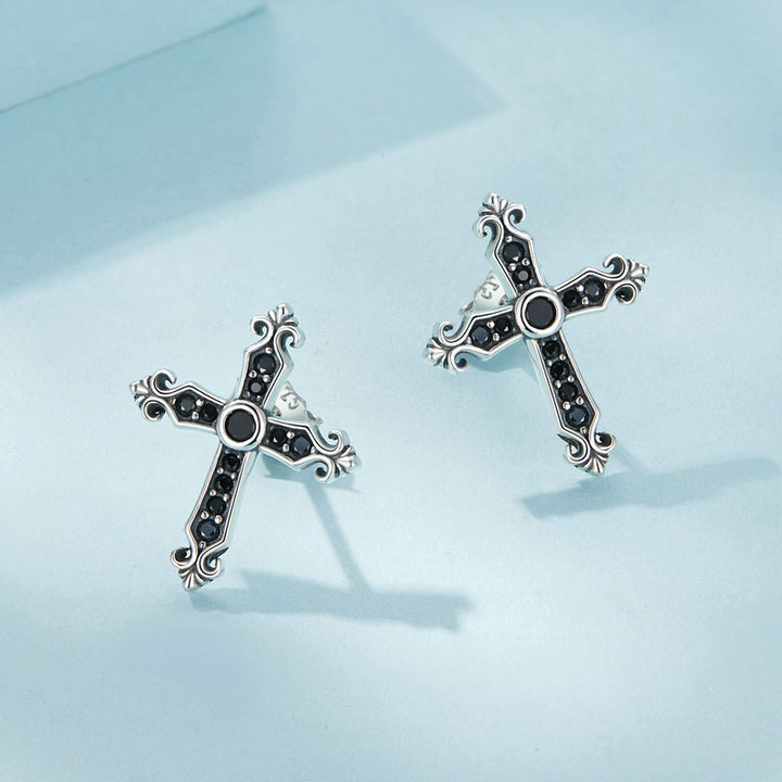 Black Cross Stud Earrings in 925 Sterling Silver - Aspect Jewellery