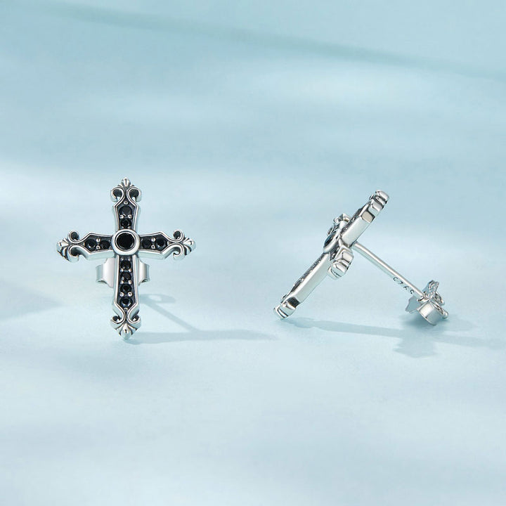 Black Cross Stud Earrings in 925 Sterling Silver - Aspect Jewellery