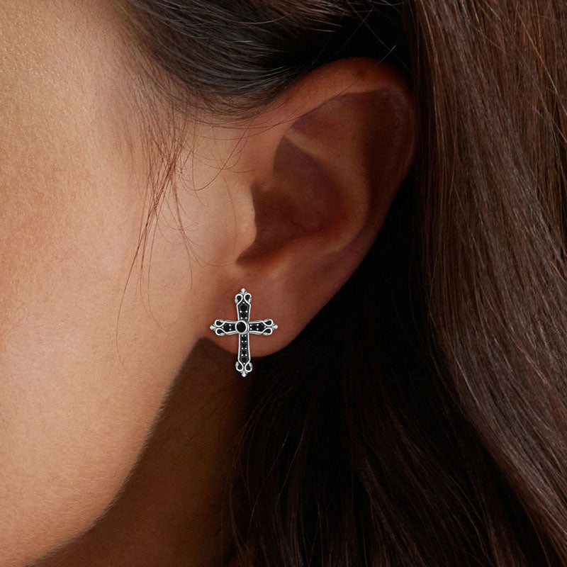 Black Cross Stud Earrings in 925 Sterling Silver - Aspect Jewellery