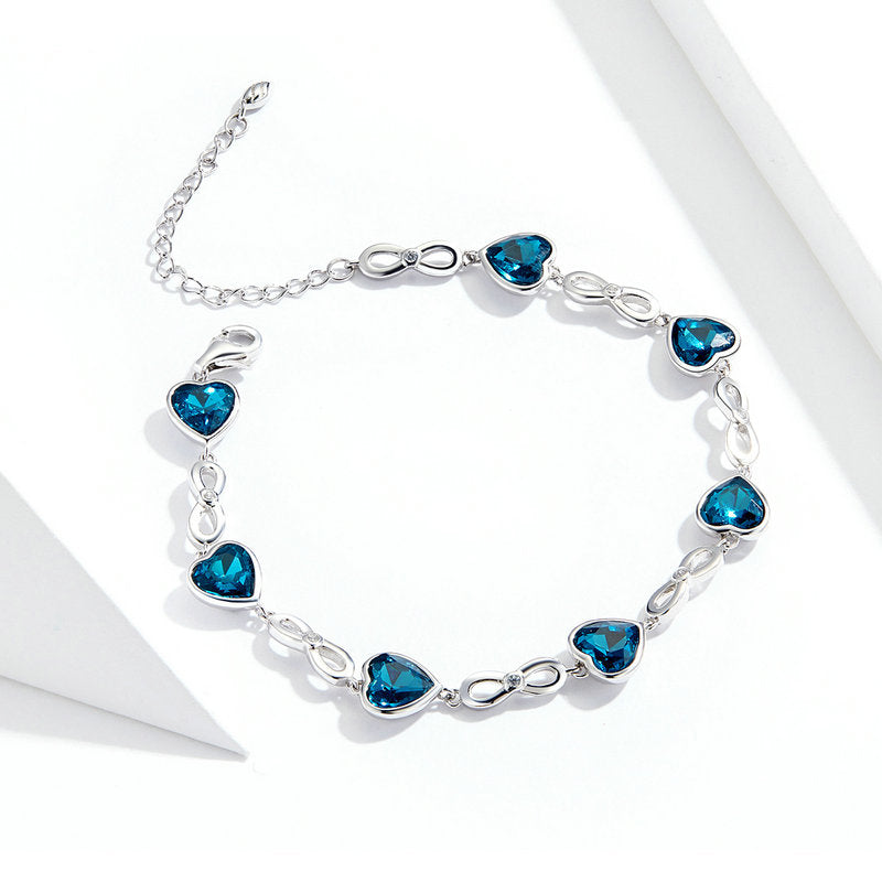 Austrian Crystals Blue Ocean Hearts Bracelet in 925 Sterling Silver - Aspect Jewellery