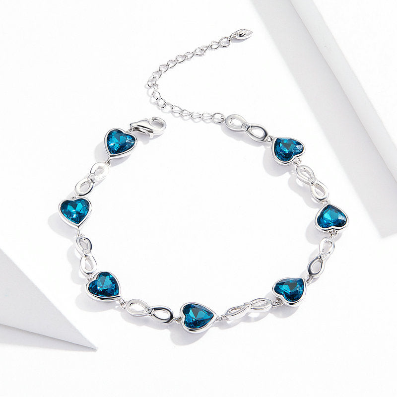 Austrian Crystals Blue Ocean Hearts Bracelet in 925 Sterling Silver - Aspect Jewellery