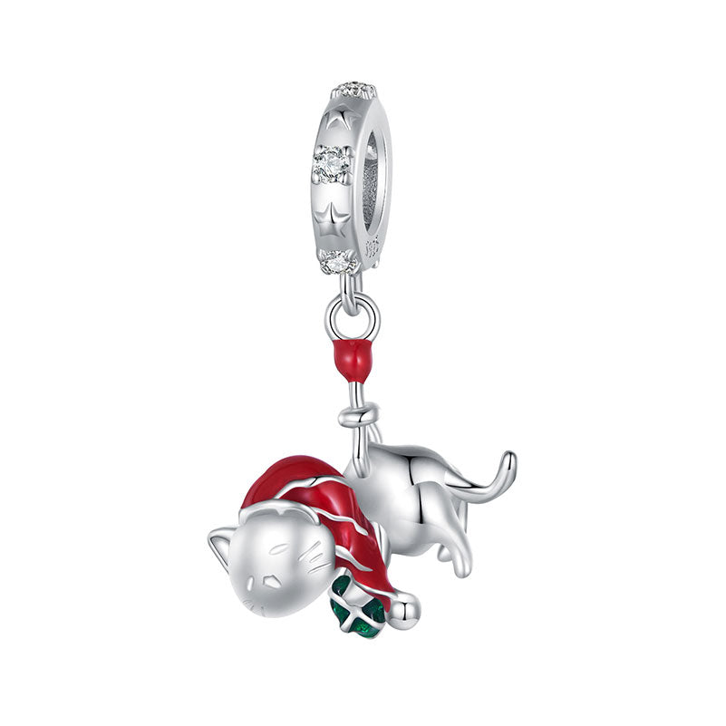 Christmas Cat Dangle Charm Pendant in 925 Sterling Silver - Aspect Jewellery