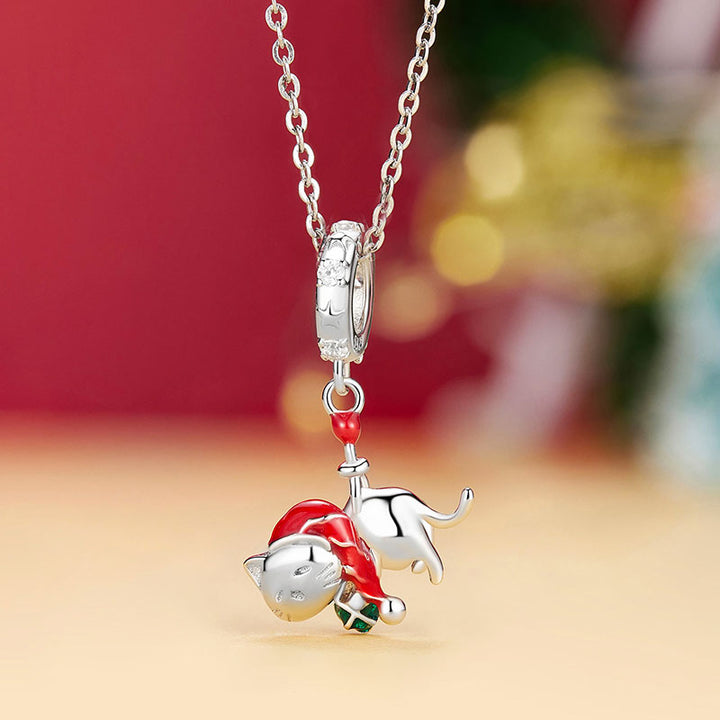 Christmas Cat Dangle Charm Pendant in 925 Sterling Silver - Aspect Jewellery