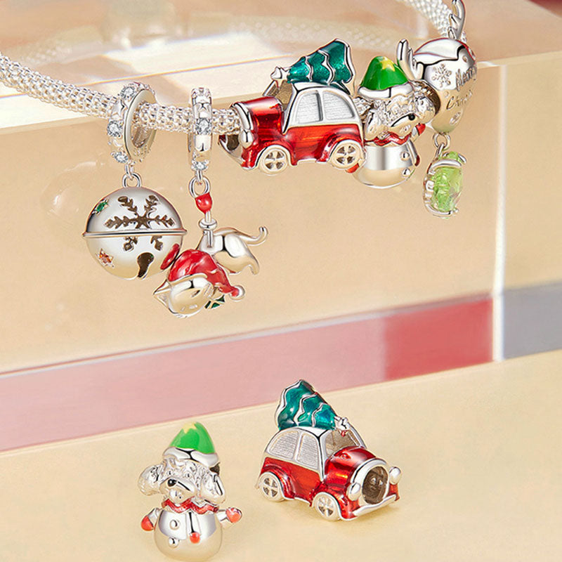 Christmas Cat Dangle Charm Pendant in 925 Sterling Silver - Aspect Jewellery