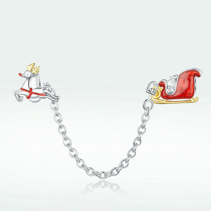 Reindeer Christmas Safety Chain Charm in 925 Sterling Silver - Aspect Jewellery