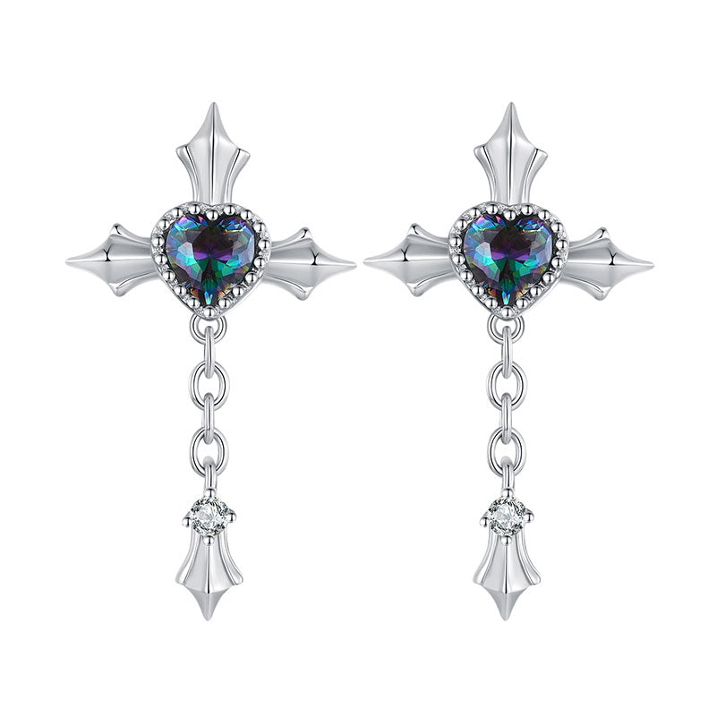 Cross Stud Crystal Chain Earrings in 925 Sterling Silver - Aspect Jewellery