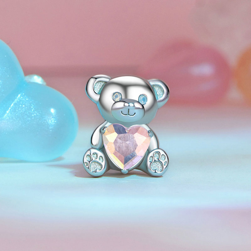 Cute Bear Love Heart Charm in 925 Sterling Silver - Aspect Jewellery