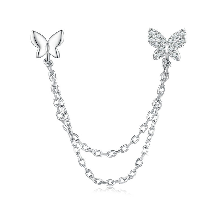 Double Butterfly Stud Chain Earrings in 925 Sterling Silver - Aspect Jewellery