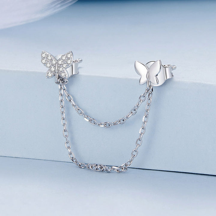 Double Butterfly Stud Chain Earrings in 925 Sterling Silver - Aspect Jewellery