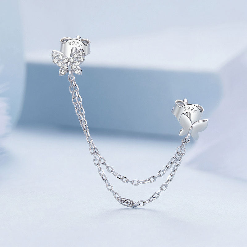 Double Butterfly Stud Chain Earrings in 925 Sterling Silver - Aspect Jewellery