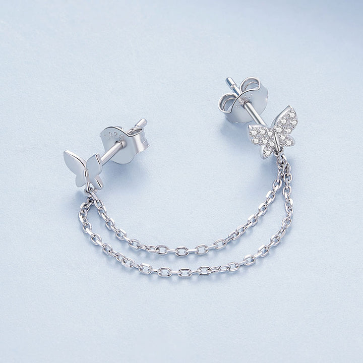 Double Butterfly Stud Chain Earrings in 925 Sterling Silver - Aspect Jewellery