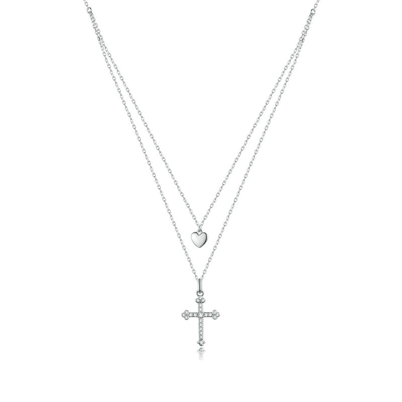 Double Layer Cross Necklace in 925 Sterling Silver - Aspect Jewellery