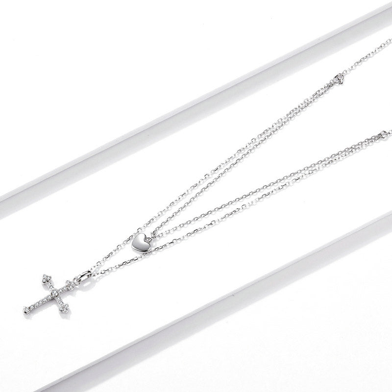 Double Layer Cross Necklace in 925 Sterling Silver - Aspect Jewellery