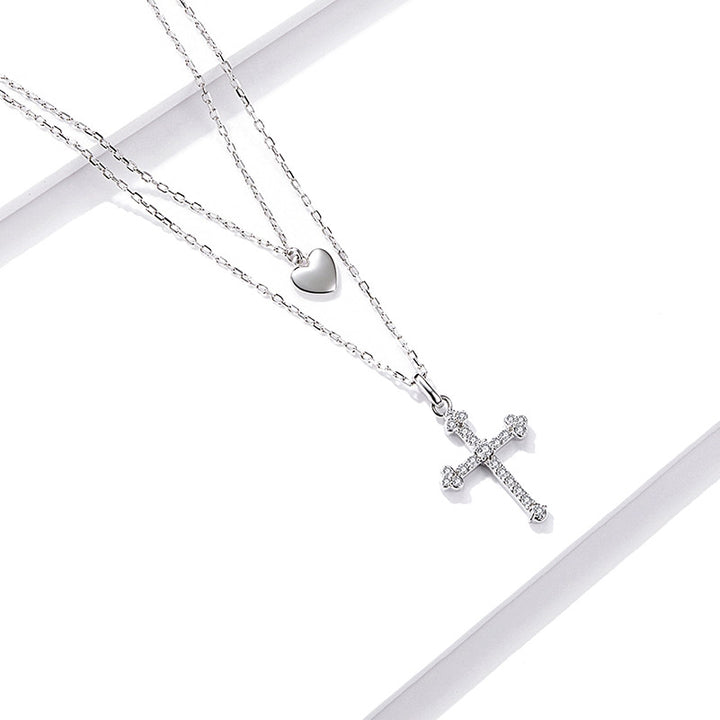 Double Layer Cross Necklace in 925 Sterling Silver - Aspect Jewellery