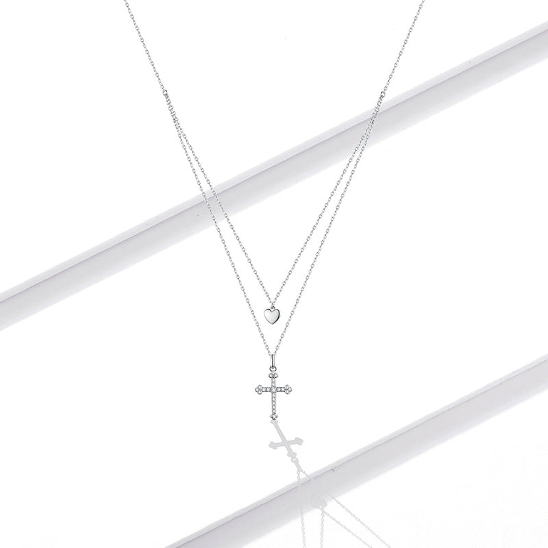 Double Layer Cross Necklace in 925 Sterling Silver - Aspect Jewellery