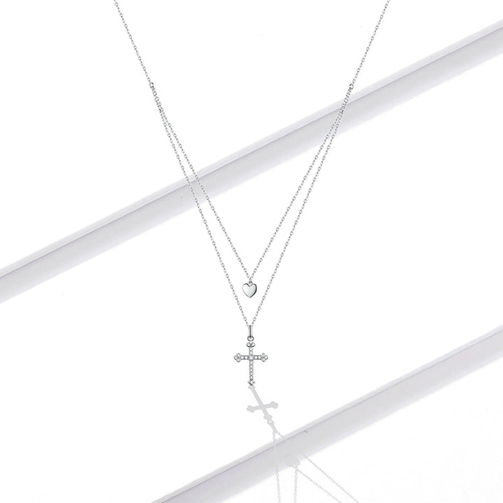 Double Layer Cross Necklace in 925 Sterling Silver - Aspect Jewellery