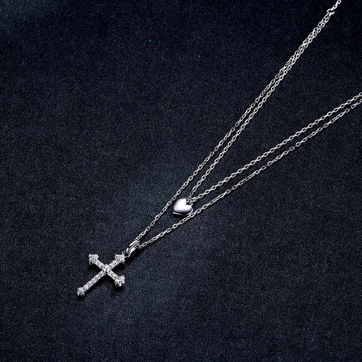 Double Layer Cross Necklace in 925 Sterling Silver - Aspect Jewellery