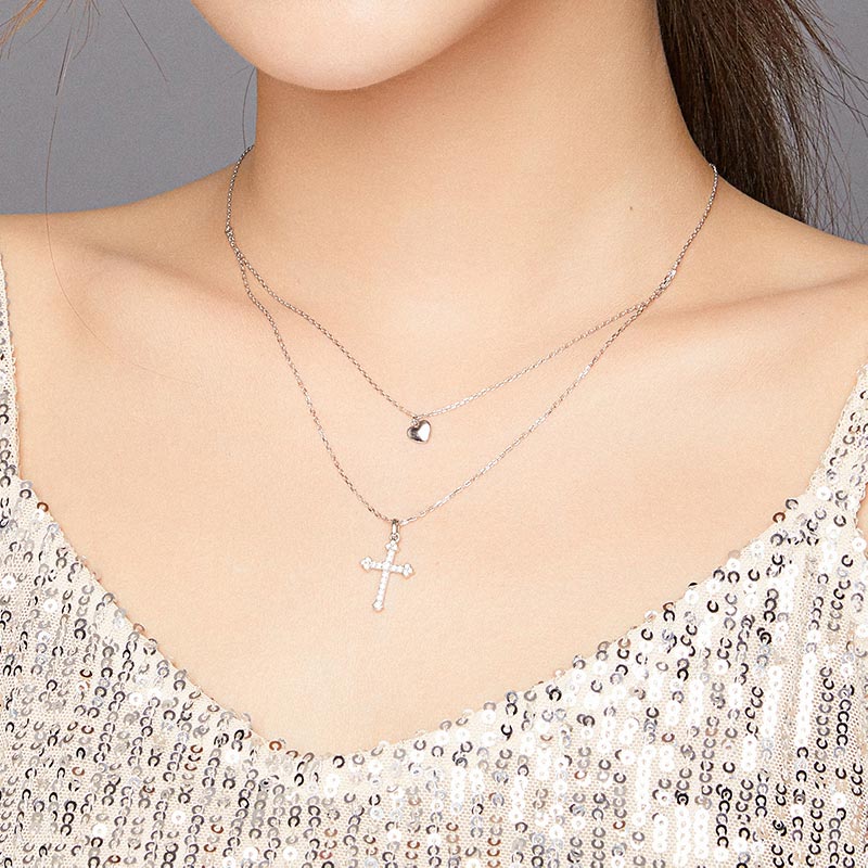 Double Layer Cross Necklace in 925 Sterling Silver - Aspect Jewellery