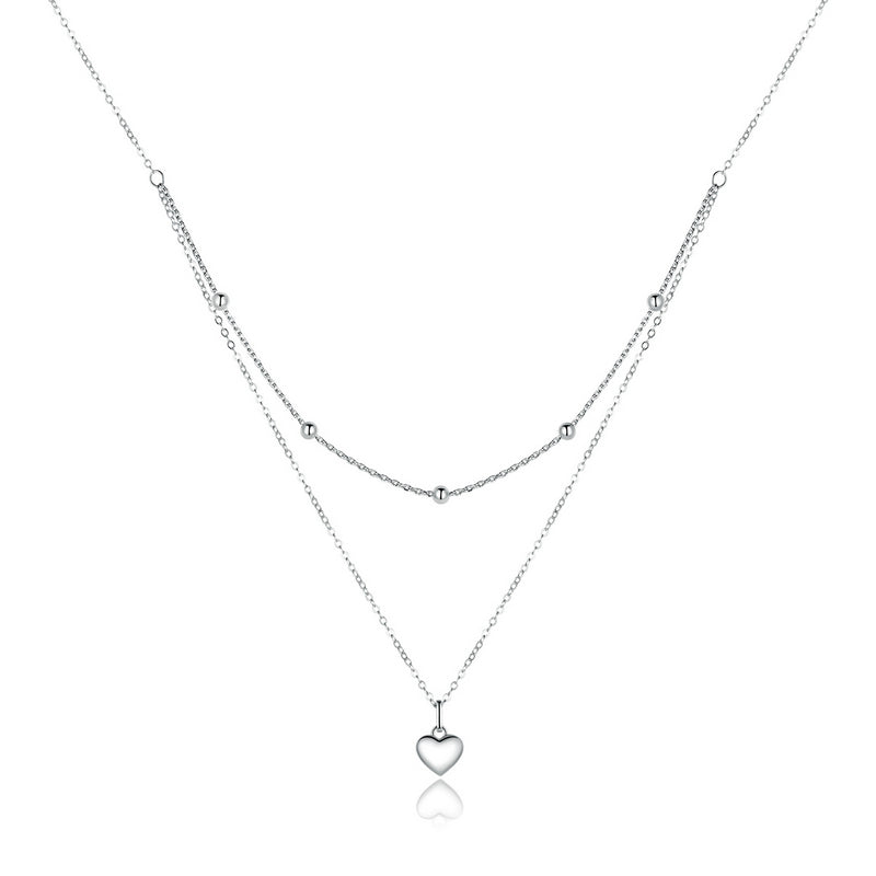 Double Layer Heart Necklace in 925 Sterling Silver Platinum Plated - Aspect Jewellery#color_silver