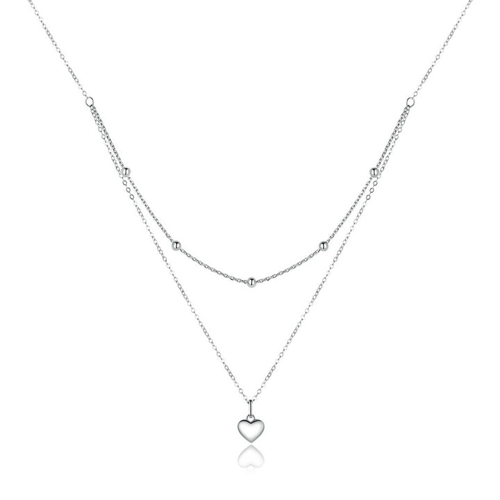 Double Layer Heart Necklace in 925 Sterling Silver Platinum Plated - Aspect Jewellery#color_silver