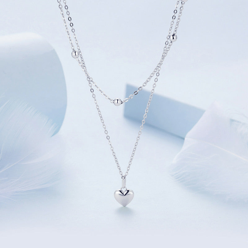 Double Layer Heart Necklace in 925 Sterling Silver Platinum Plated - Aspect Jewellery#color_silver