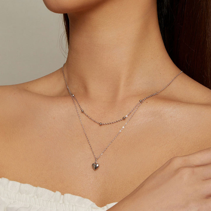 Double Layer Heart Necklace in 925 Sterling Silver Platinum Plated - Aspect Jewellery#color_silver