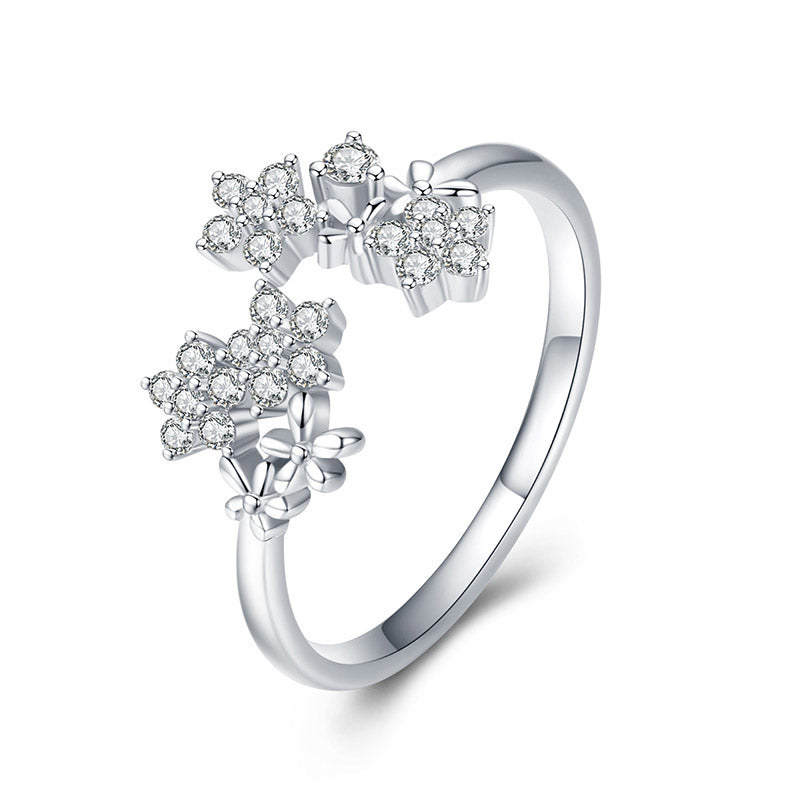 Flower Pattern Adjustable Ring in 925 Sterling Silver, Platinum Plated - Aspect Jewellery