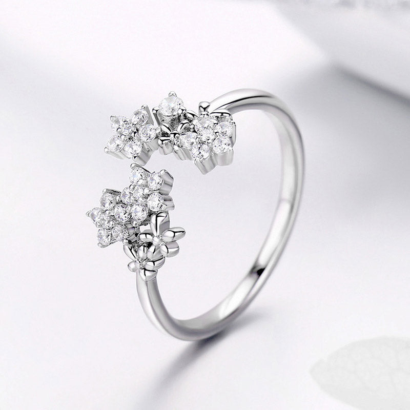 Flower Pattern Adjustable Ring in 925 Sterling Silver, Platinum Plated - Aspect Jewellery