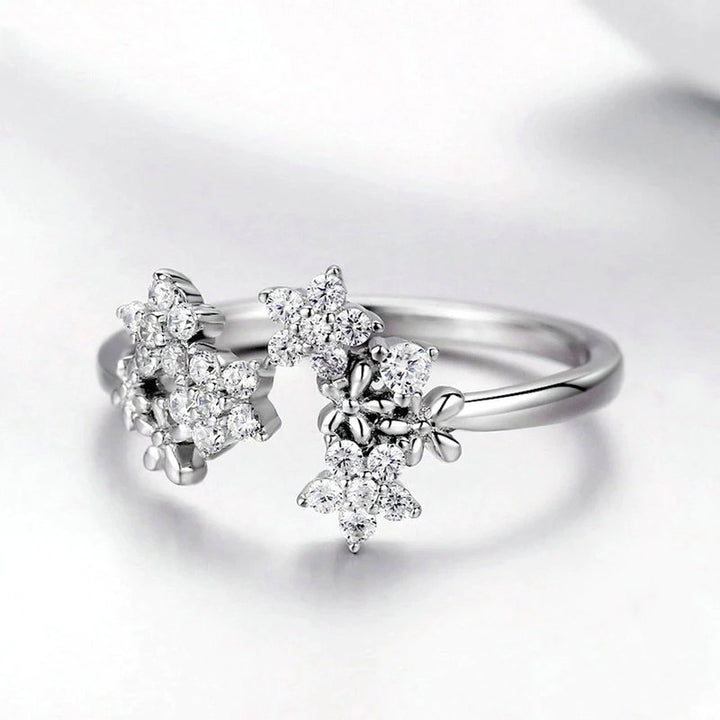 Flower Pattern Adjustable Ring in 925 Sterling Silver, Platinum Plated - Aspect Jewellery