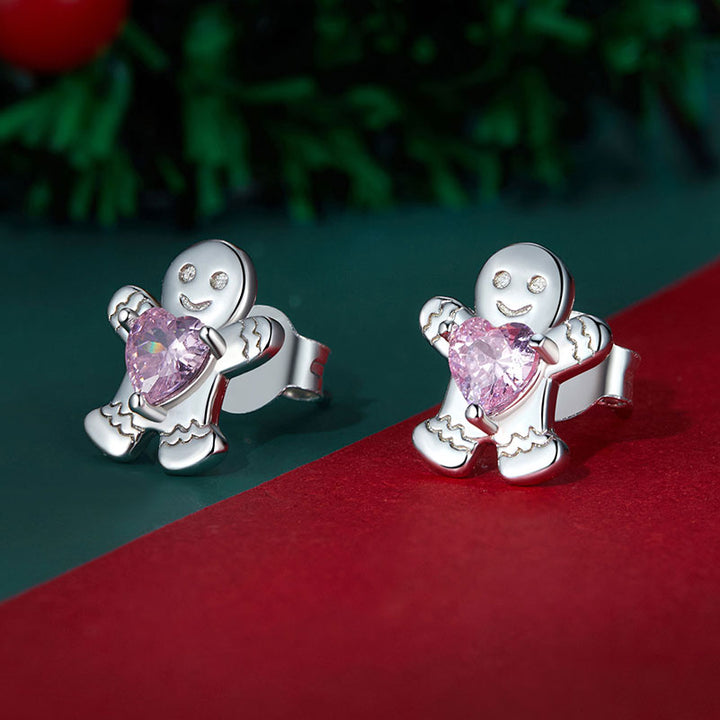 Gingerbread Man Christmas Festive Stud Earrings in 925 Sterling Silver - Aspect Jewellery