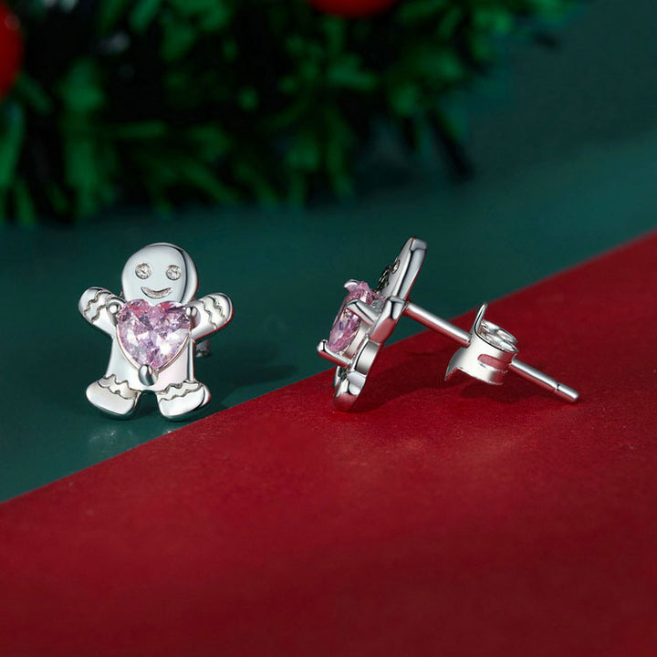 Gingerbread Man Christmas Festive Stud Earrings in 925 Sterling Silver - Aspect Jewellery