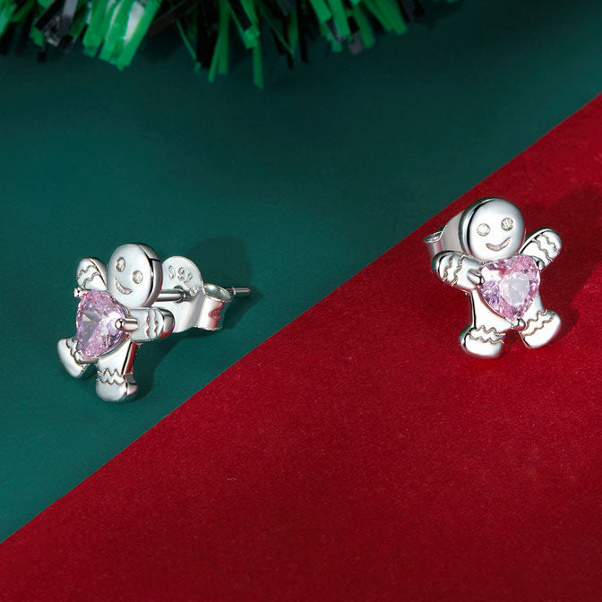 Gingerbread Man Christmas Festive Stud Earrings in 925 Sterling Silver - Aspect Jewellery