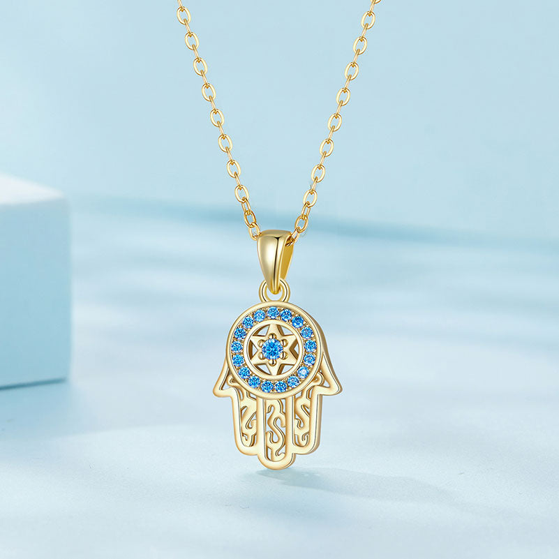 Hamsa Fatima Hand Necklace - Gold Plated Necklace in 925 Sterling Silver - Aspect Jewellery