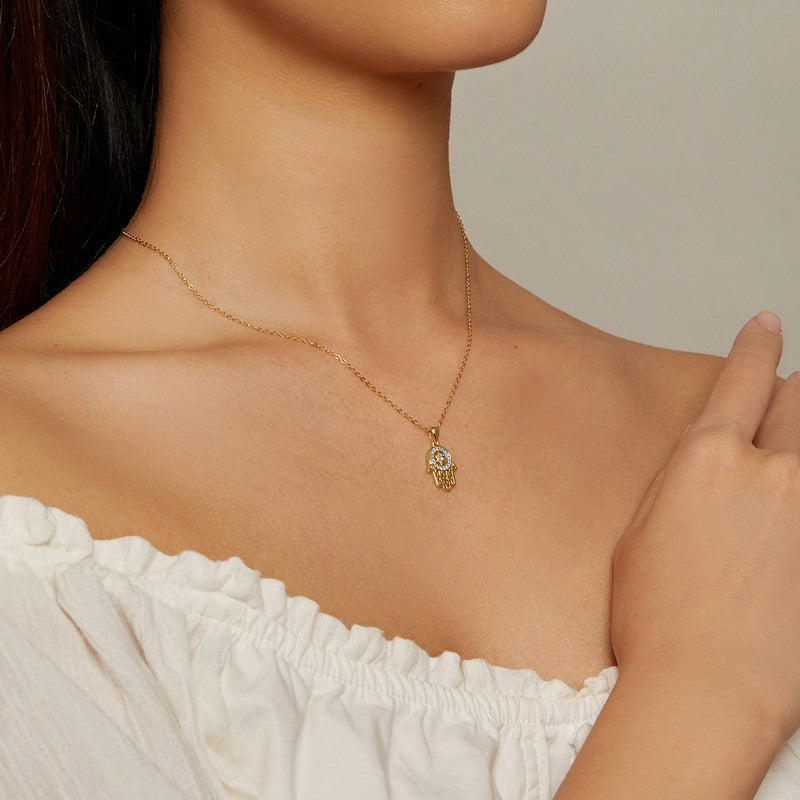 Hamsa Fatima Hand Necklace - Gold Plated Necklace in 925 Sterling Silver - Aspect Jewellery