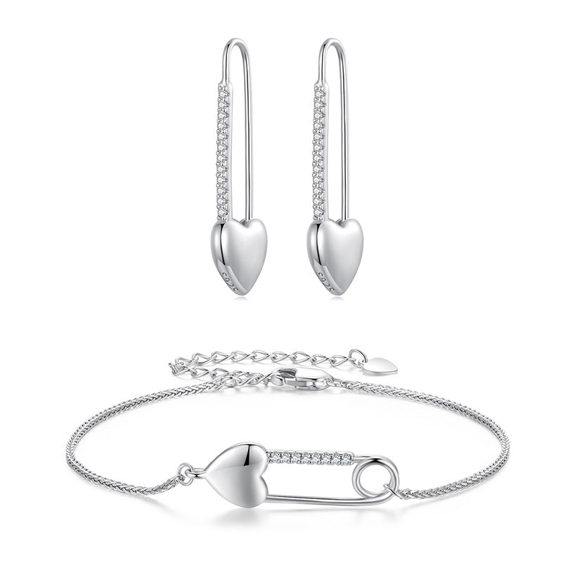 Heart Safety Pin Jewellery Set in 925 Sterling Silver, Bracelet & Earrings - Aspect Jewellery