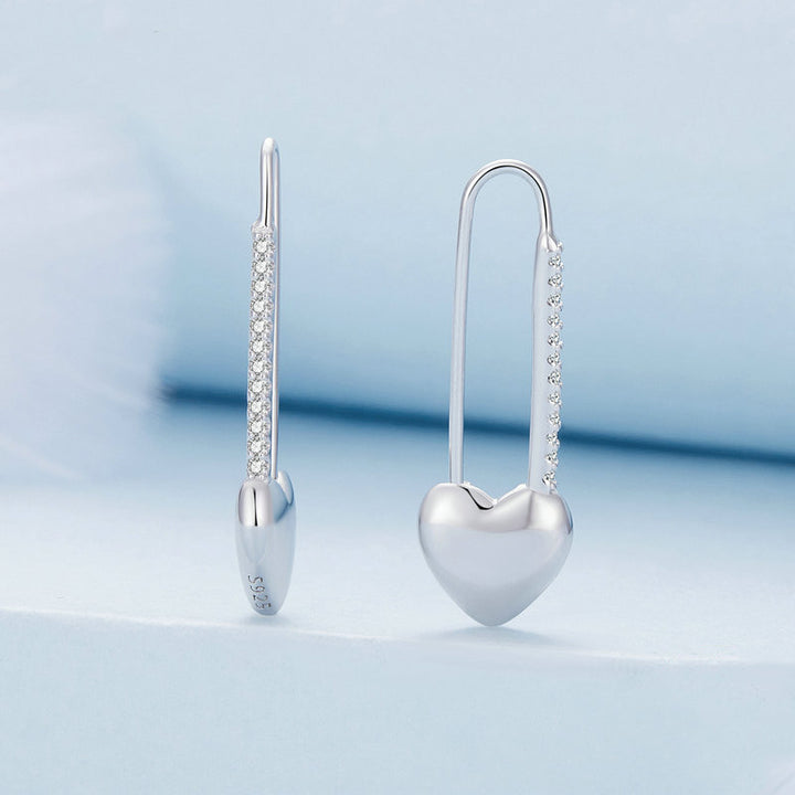 Heart Safety Pin Jewellery Set in 925 Sterling Silver, Bracelet & Earrings - Aspect Jewellery