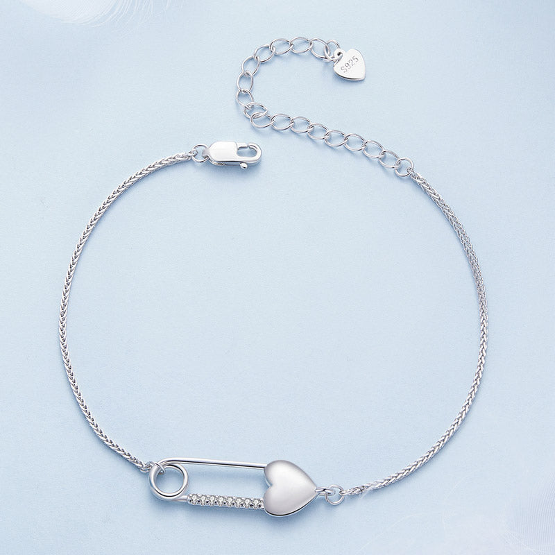 Heart Safety Pin Jewellery Set in 925 Sterling Silver, Bracelet & Earrings - Aspect Jewellery