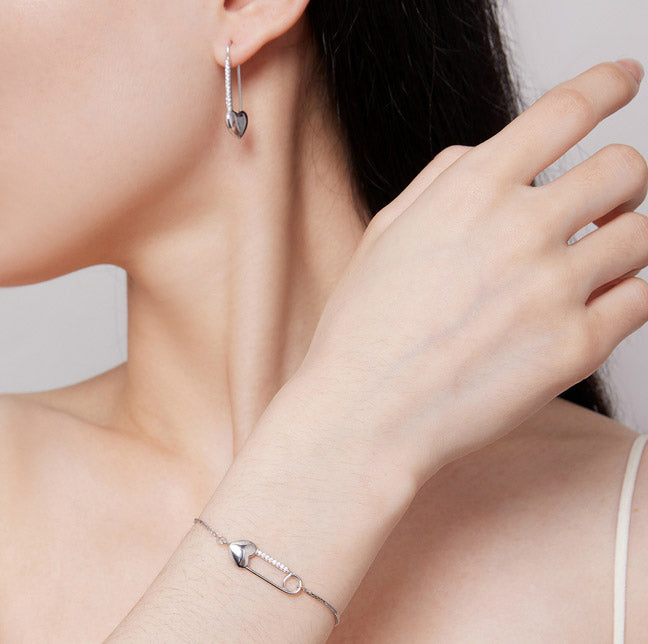 Heart Safety Pin Jewellery Set in 925 Sterling Silver, Bracelet & Earrings - Aspect Jewellery