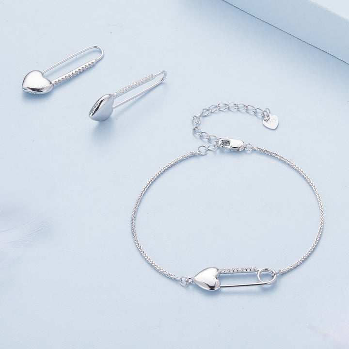 Heart Safety Pin Jewellery Set in 925 Sterling Silver, Bracelet & Earrings - Aspect Jewellery