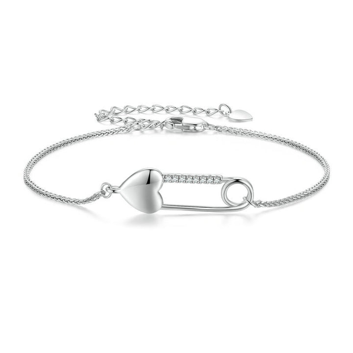 Heart Safety Pin Bracelet in 925 Sterling Silver - Aspect Jewellery