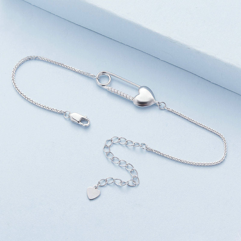 Heart Safety Pin Bracelet in 925 Sterling Silver - Aspect Jewellery