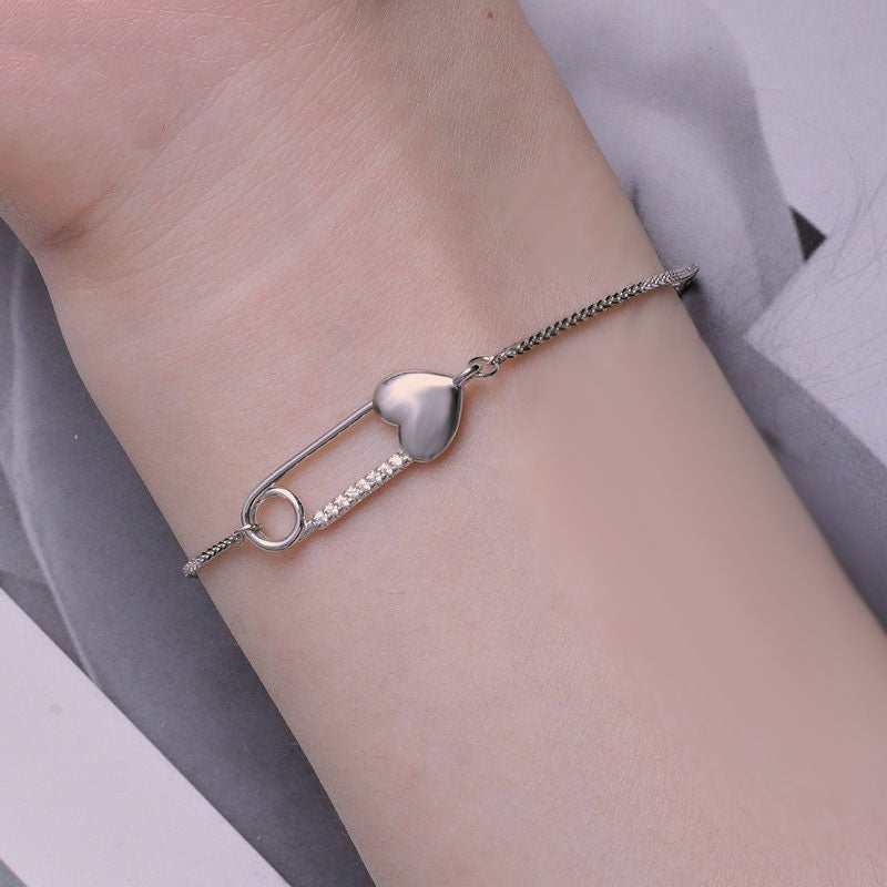 Heart Safety Pin Bracelet in 925 Sterling Silver - Aspect Jewellery