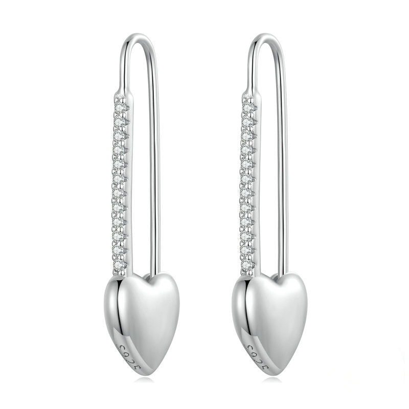 Heart Safety Pin Earrings in 925 Sterling Silver - Aspect Jewellery