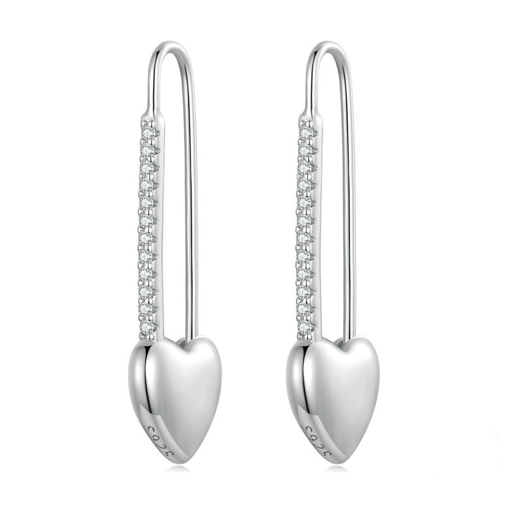 Heart Safety Pin Earrings in 925 Sterling Silver - Aspect Jewellery