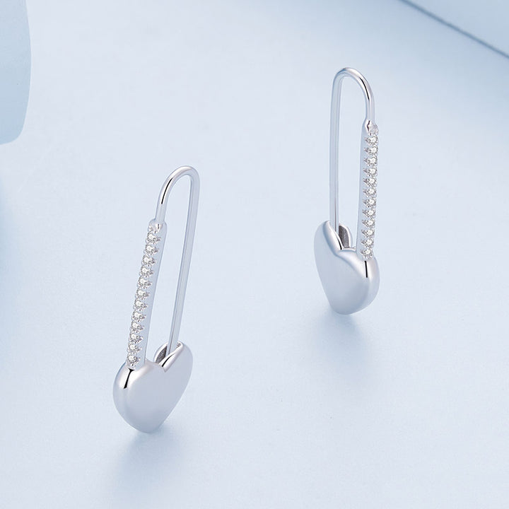 Heart Safety Pin Earrings in 925 Sterling Silver - Aspect Jewellery