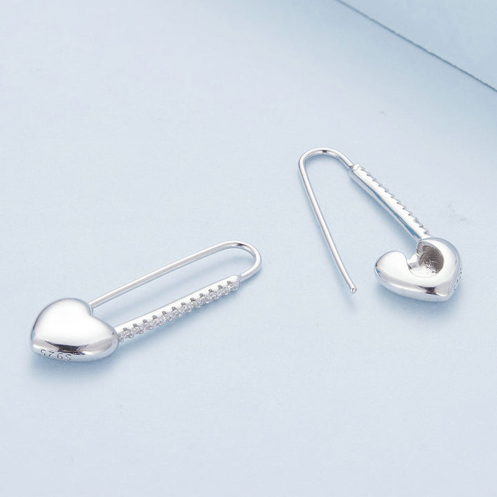 Heart Safety Pin Earrings in 925 Sterling Silver - Aspect Jewellery